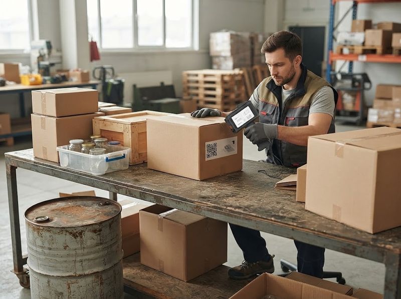 Operator marking a lot code onto a curved aluminum drum in a warehouse bay, ha