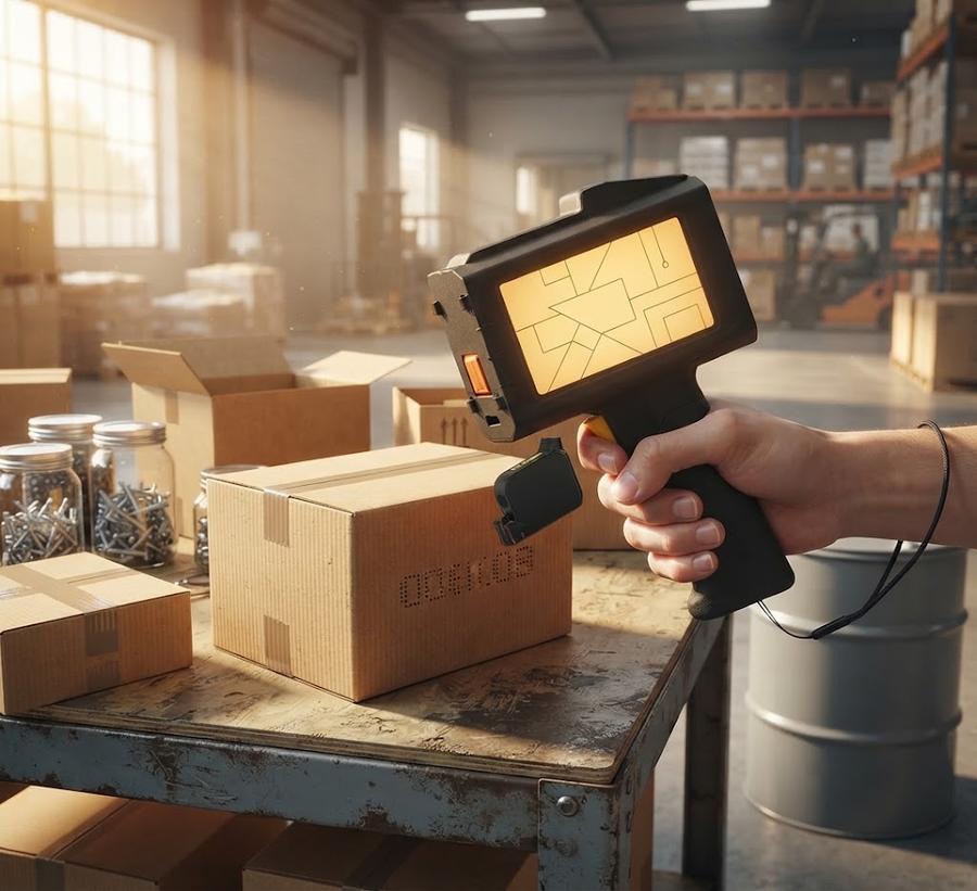 Two warehouse operators handing over a handheld inkjet printer at shift change
