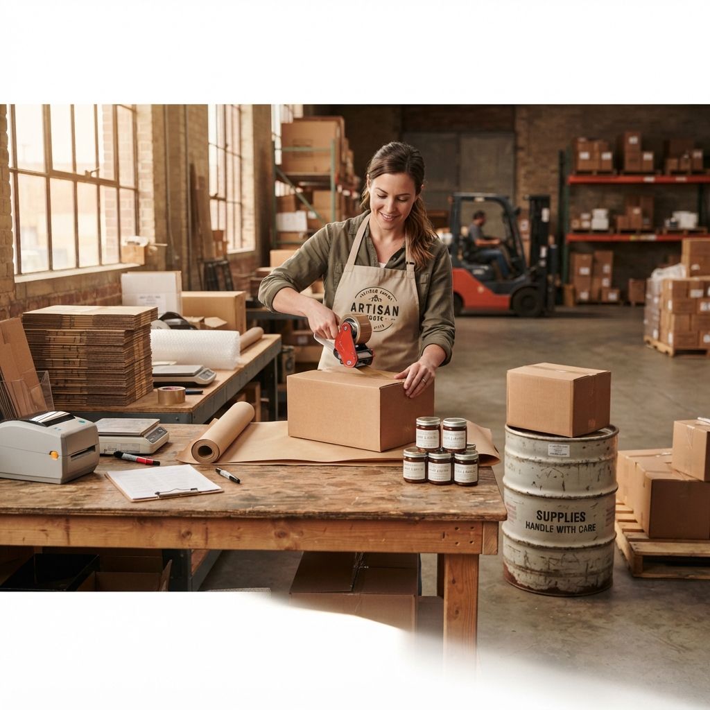 Operator marking a lot code onto a shipping carton at a warehouse packing bench